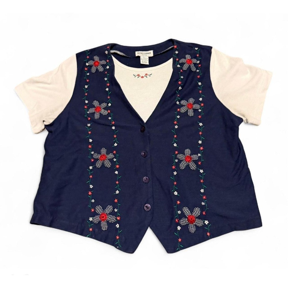 Vintage Alfred Dunner Petite PL Vest Shirt Floral Embroidered Cottagecore 90s